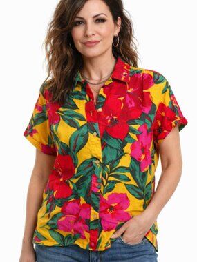 For Cynthia 100% Linen Floral Button Down Shirt Yellow Tropical Size medium